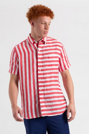 Camisas Ben Sherman B by Ben Sherman Candy Stripe Linen Short Sleeve Rosas Rojos | 0479CIMPL