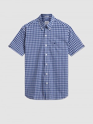 Camisas Ben Sherman Short Sleeve House Poplin Gingham Azul Marino Verde Oliva | 4378SDWQM