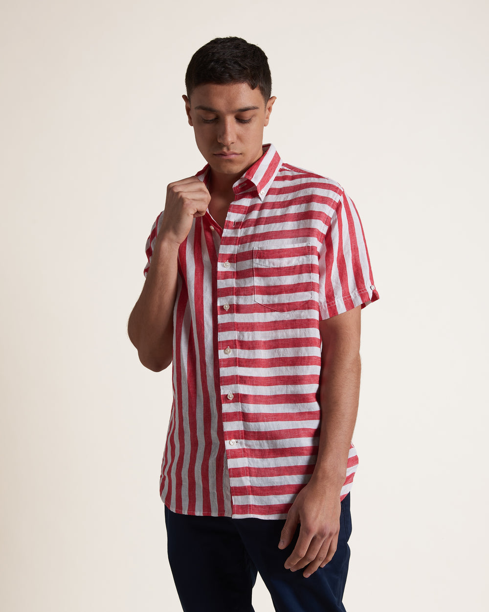 Camisas Ben Sherman B by Ben Sherman Candy Stripe Linen Short Sleeve Rosas Rojos | 0479CIMPL