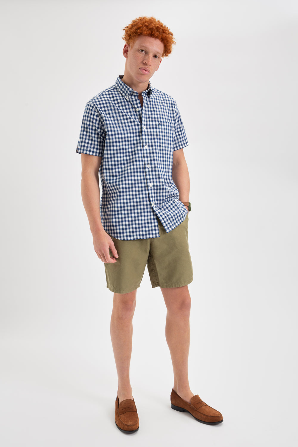 Camisas Ben Sherman Short Sleeve House Poplin Gingham Azul Marino Verde Oliva | 4378SDWQM